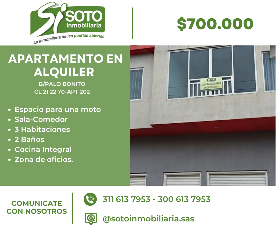 ALQUILER DE APARTAMENTO   EN EL BARRIO PALO BONITO  EN LA CLL 21 22 70-( PISO 2)-APT 202