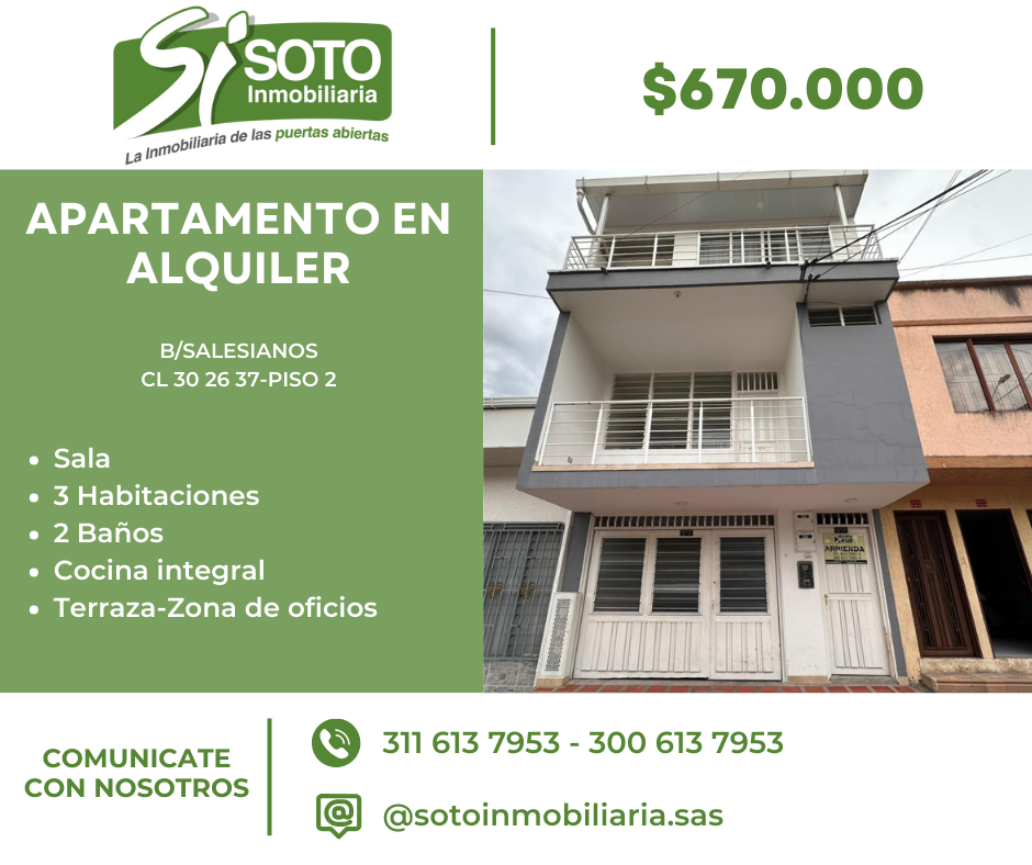 SE ALQUILA APARTAMENTO UBICADO EN EL  BARRIO SALESIANOS EN LA  Cll 30#26-37-PISO 2