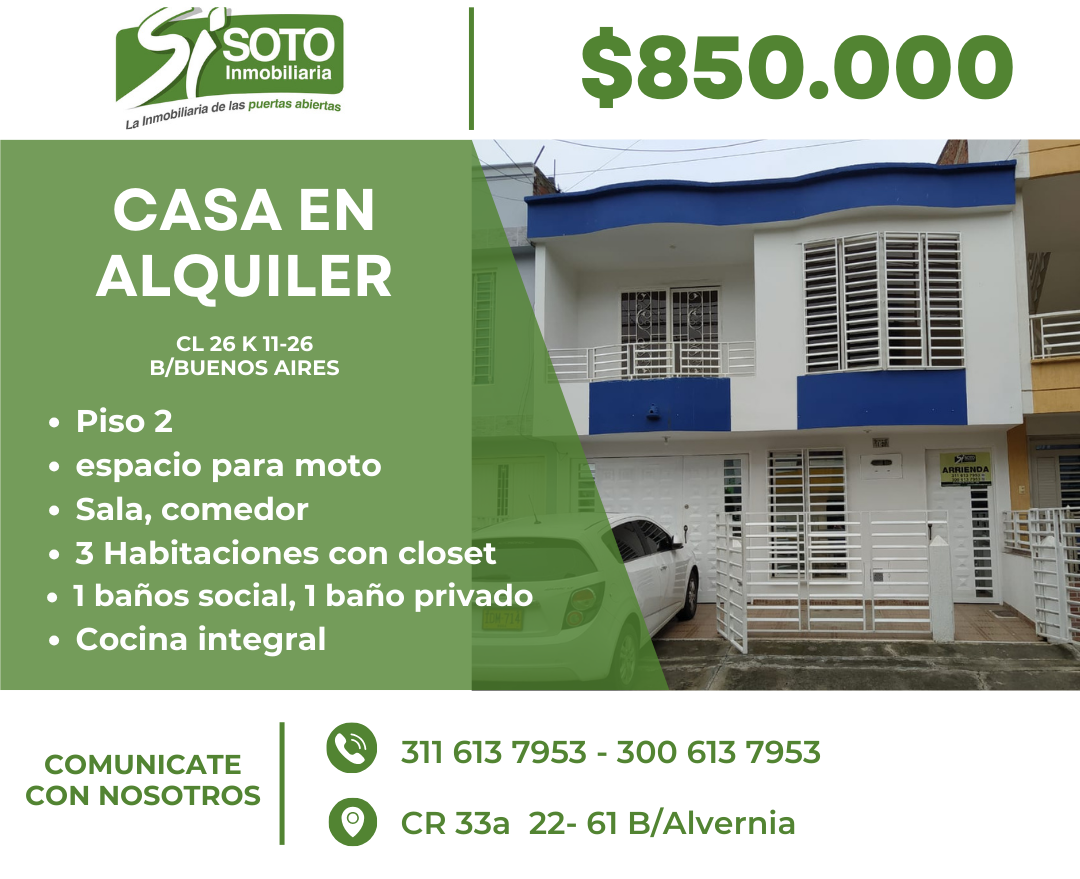 SE ALQUILA CASA EN EL BARRIO BUENOS AIRES, CL 26 K 11-26 PISO 2