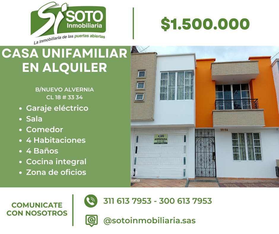 SE ALQUILA CASA UNIFAMILIAR  EN EL BARRIO ENTRE RIOS EN LA CL 18 33 34