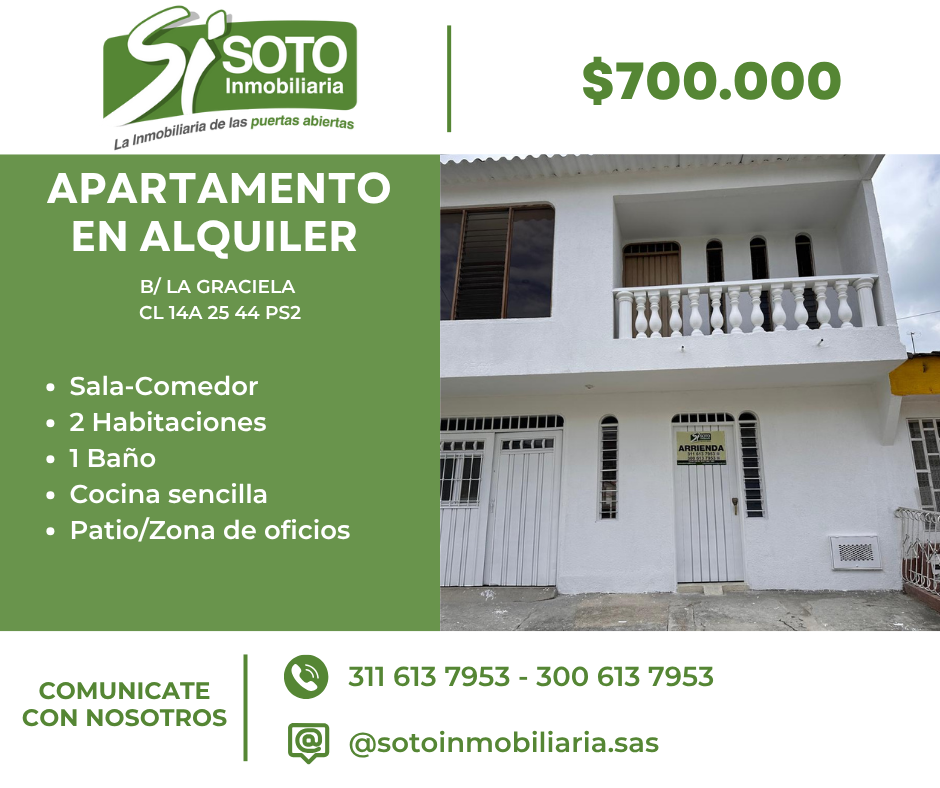 SE ALQUILA APARTAMENTO EN EL BARRIO LA GRACIELA CLL 14A 25 44 PS2