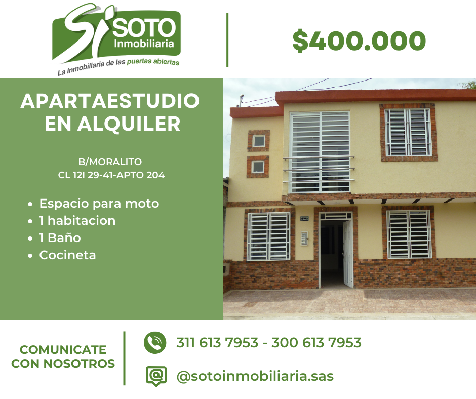 SE ALQUILA APARTAESTUDIO UBICADO EN EL BARRIO MORALITO EN LA CL 12I 29 41-APTO 204-PISO 2