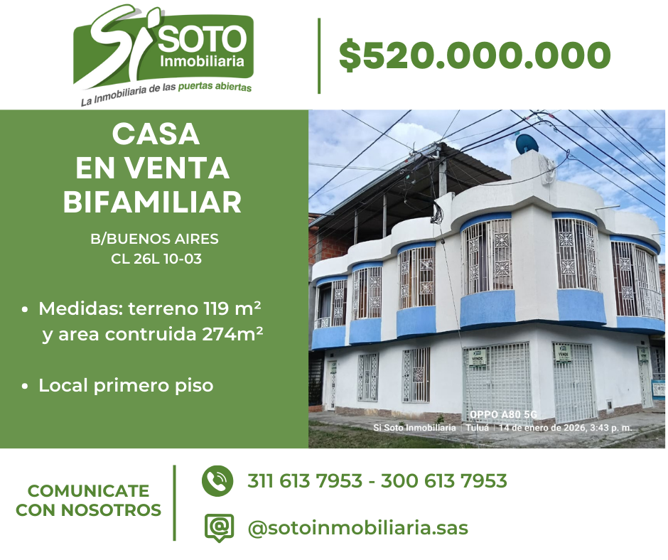 SE VENDE CASA BIFAMILIAR UBICADA EN EL BARRIO BUENOS AIRES EN LA CL 26L 10-03