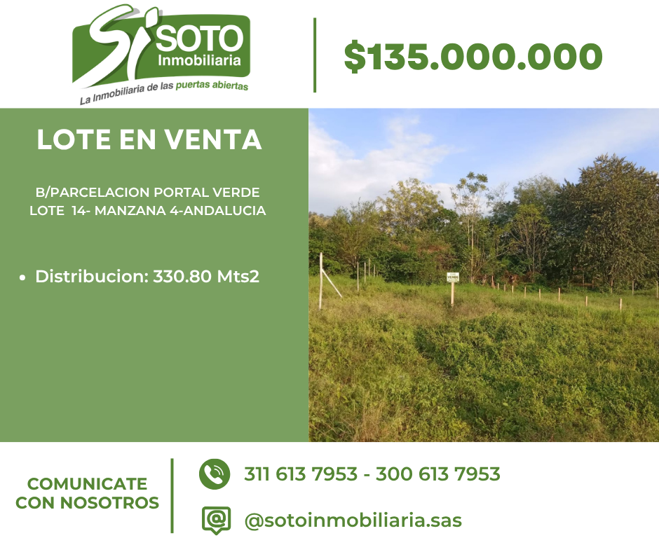 LOTE EN VENTA UBICADO EN ANDALUCIA EN LA PARCELACION PORTAL VERDE-LOTE 14 MZ 4