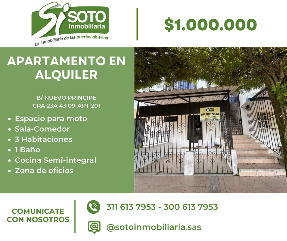 APARTAMENTO EN ALQUILER UBICADO EN EL BARRIO NUEVO PRINCIPE EN LA CR 23 43-09-APT 201