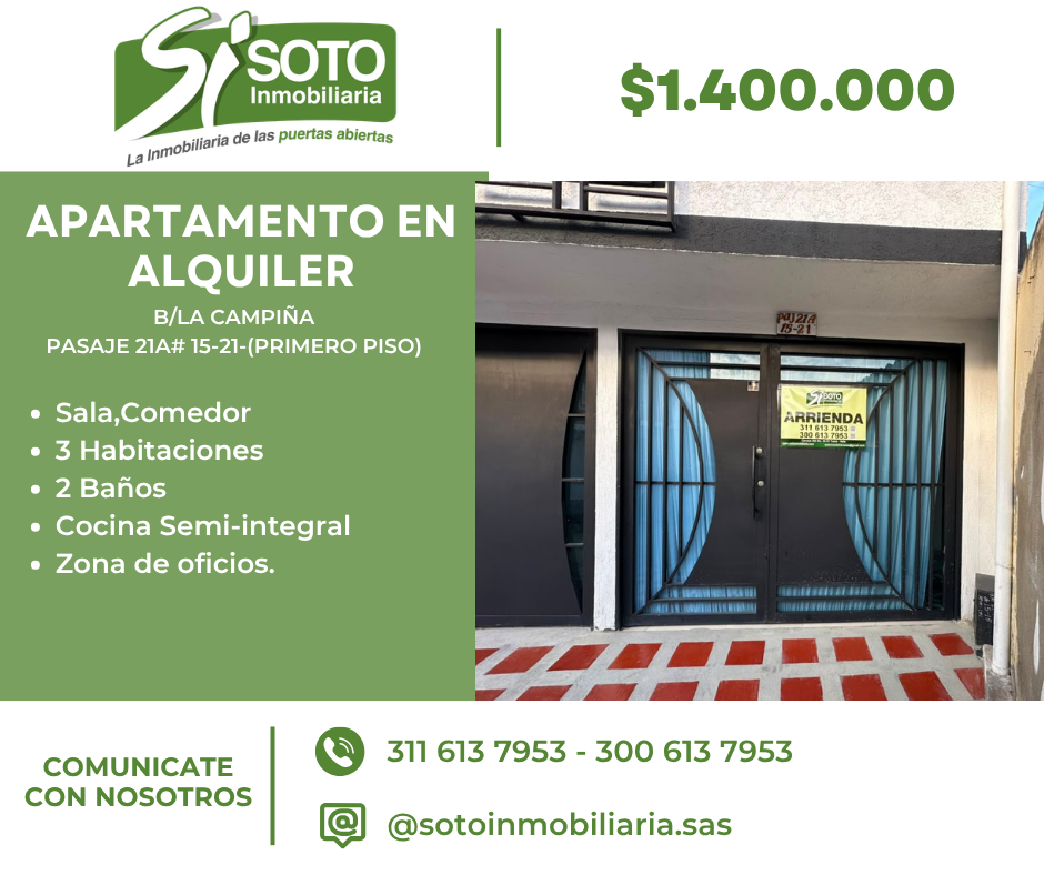 APARTAMENTO EN ALQUILER EN LA CAMPIÑA EN EL PASAJE 21A#15-21