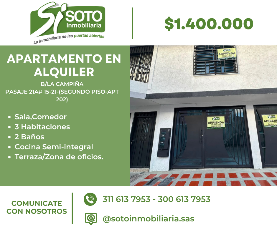 APARTAMENTO EN ALQUILER EN EL BARRIO LA CAMPIÑA EN EL PISO 2- APARTAMENTO 202-PASAJE 21A#15-21